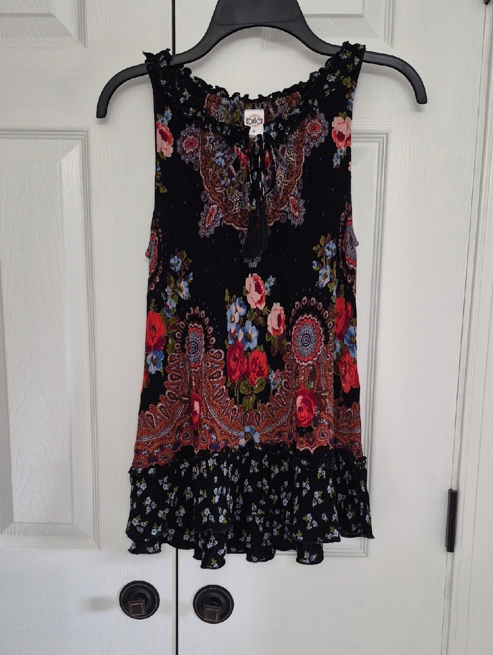 Boho Black Paisley Floral Sleeveless Tie-Neck Tank